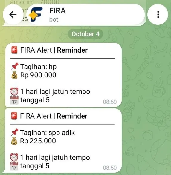 FIRA memberikan alert tagihan yang segera jatuh tempo
