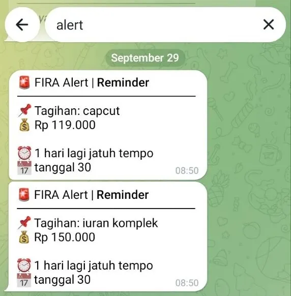 FIRA memberikan alert tagihan yang segera jatuh tempo