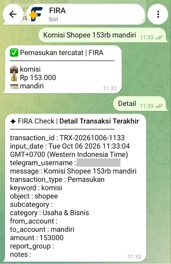 FIRA mencatat transaksi pemasukan komisi, dengan format simpel, dan otomatis mengkategorikannya