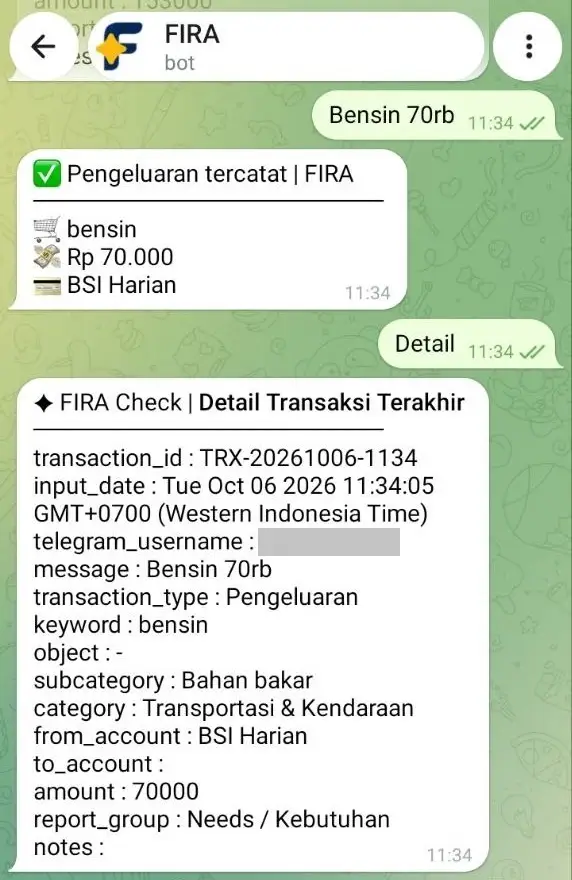 FIRA mencatat transaksi pengeluaran bensin, dengan format simpel, dan otomatis mengkategorikannya