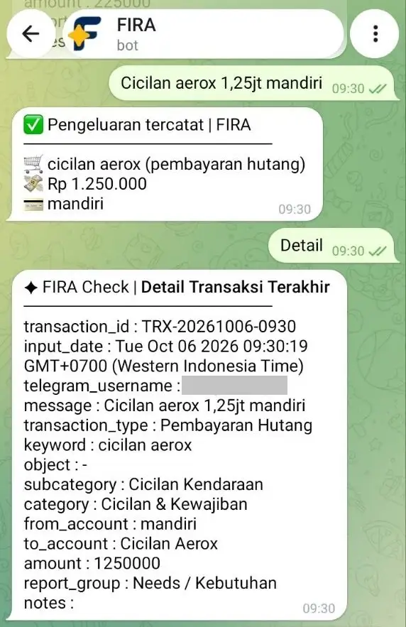 FIRA mencatat transaksi pengeluaran bayar cicilan, dengan format simpel, dan otomatis mengkategorikannya