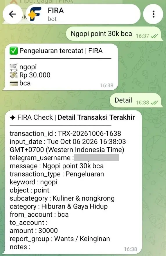 FIRA mencatat transaksi pengeluaran ngopi, dengan format simpel, dan otomatis mengkategorikannya