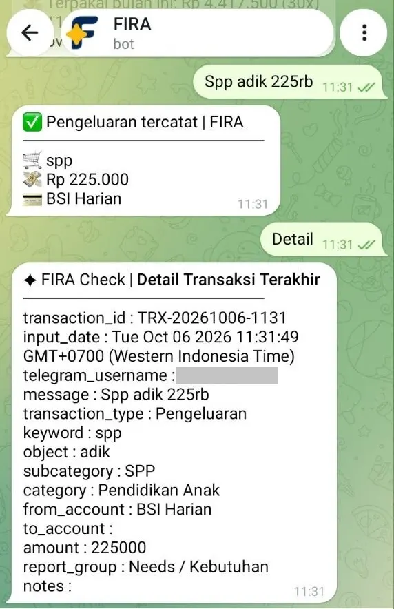FIRA mencatat transaksi pengeluaran spp, dengan format simpel, dan otomatis mengkategorikannya