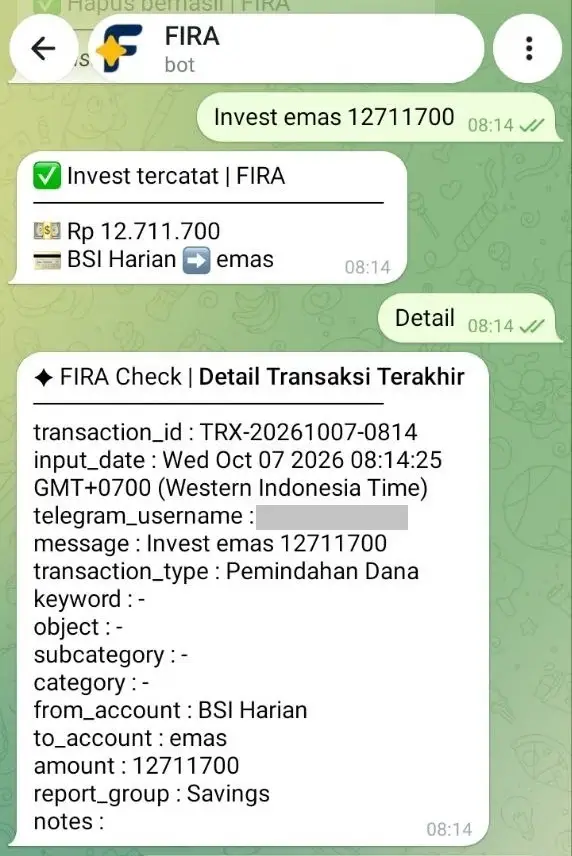 FIRA mencatat transaksi pemindahan dana, seperti investasi emas, kemudian otomatis mengkategorikannya