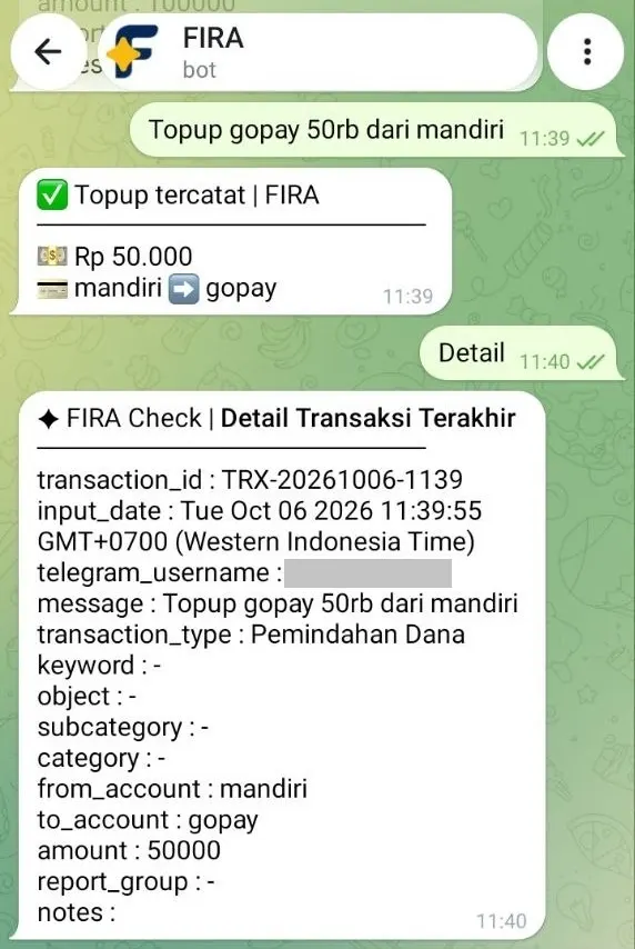 FIRA mencatat transaksi pemindahan dana, seperti topup gopay, kemudian otomatis mengkategorikannya