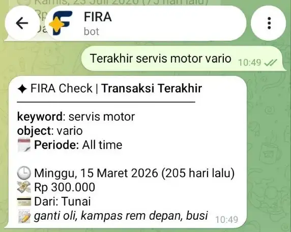 FIRA membantu pengecekan kapan terakhir servis motor vario, beserta catatannya